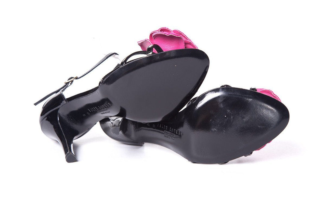 Ralph Lauren Black and Pink Rose Detail Sandals SZ 6