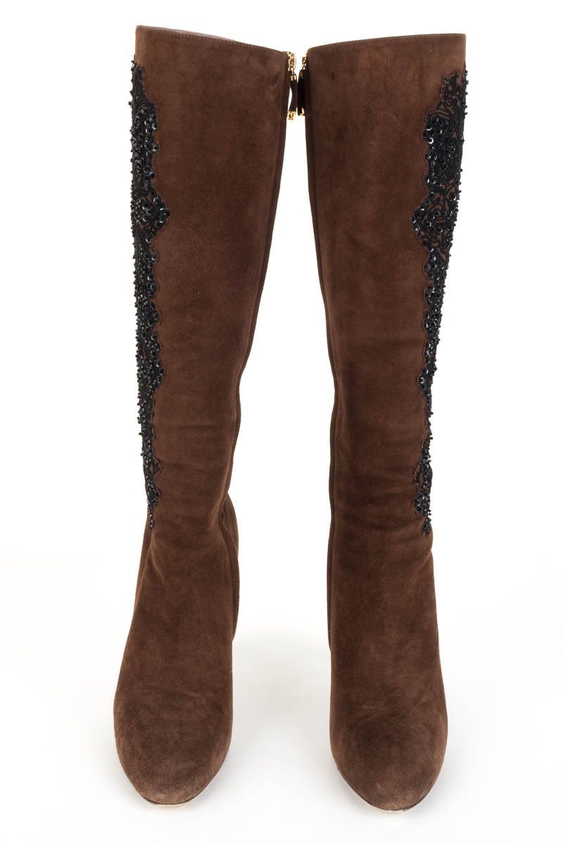 Ralph Lauren Collection Brown Suede & Beaded Boots 38.5 DS