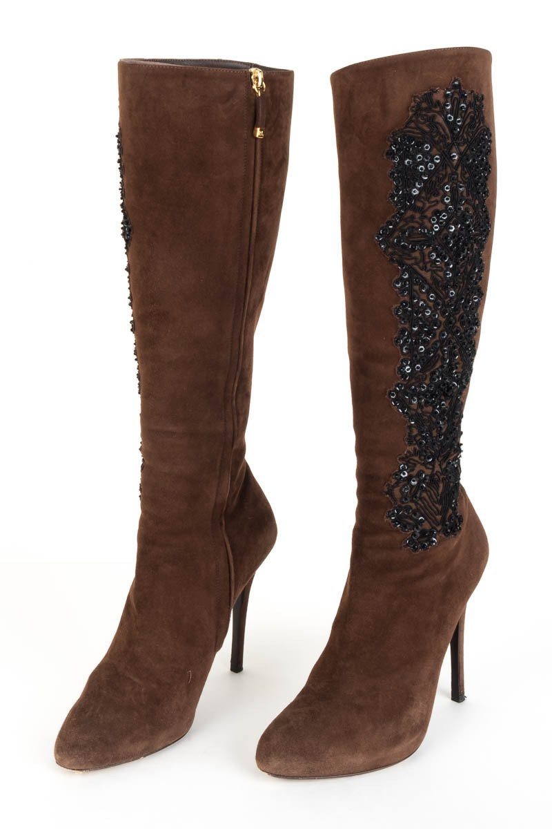 Ralph Lauren Collection Brown Suede & Beaded Boots 38.5 DS