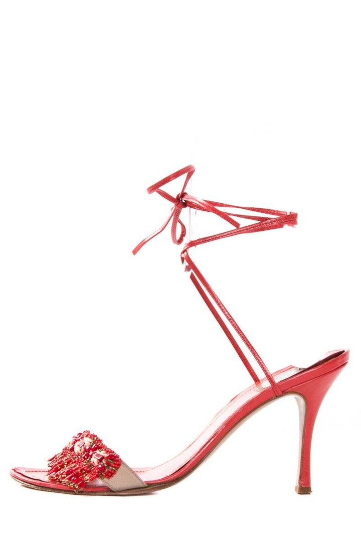 Rene Caovilla Coral Beaded Ankle Wrap Sandals SZ 41