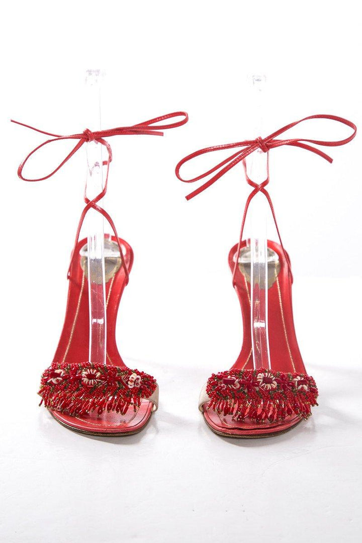 Rene Caovilla Coral Beaded Ankle Wrap Sandals SZ 41