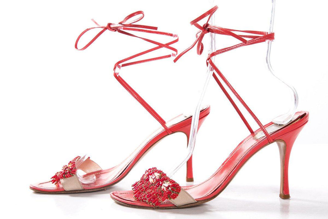 Rene Caovilla Coral Beaded Ankle Wrap Sandals SZ 41