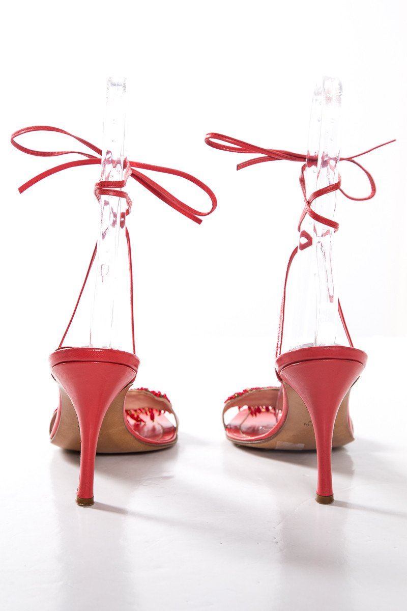 Rene Caovilla Coral Beaded Ankle Wrap Sandals SZ 41