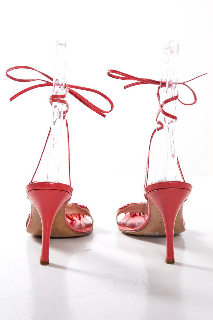 Rene Caovilla Coral Beaded Ankle Wrap Sandals SZ 41