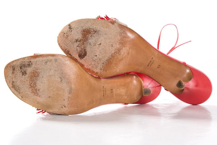 Rene Caovilla Coral Beaded Ankle Wrap Sandals SZ 41