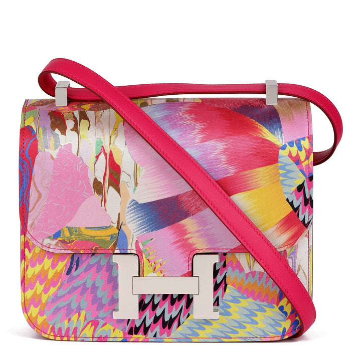Hermes Rose Mexico Swift Leather & Marble Silk Constance 24 Shoulder Bag