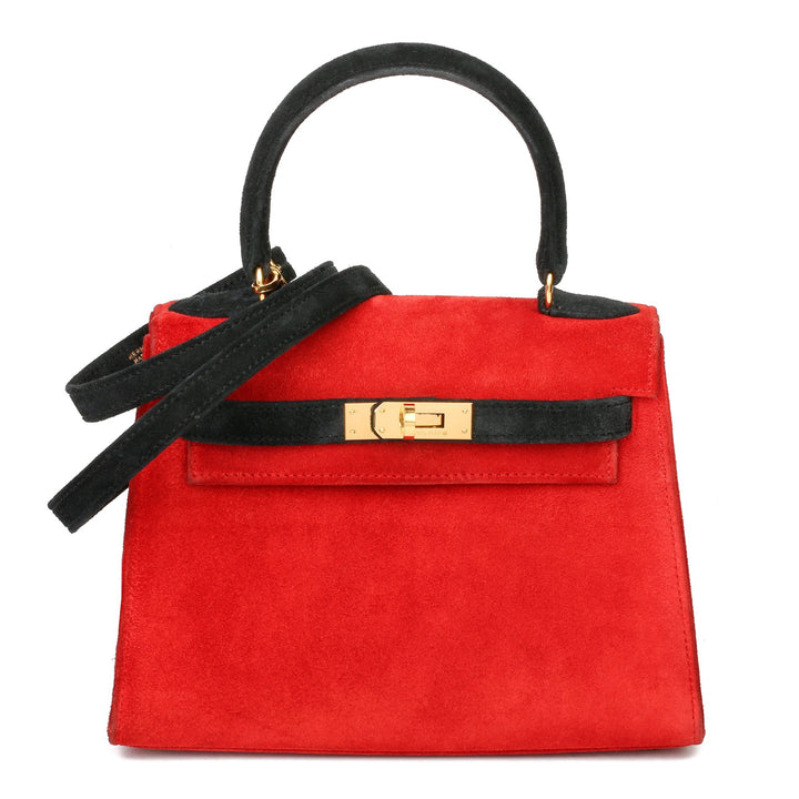 Top quality Hermes Rouge Vif & Black Veau Doblis Suede Vintage Kelly 20cm Sellier Shoulder Bag
