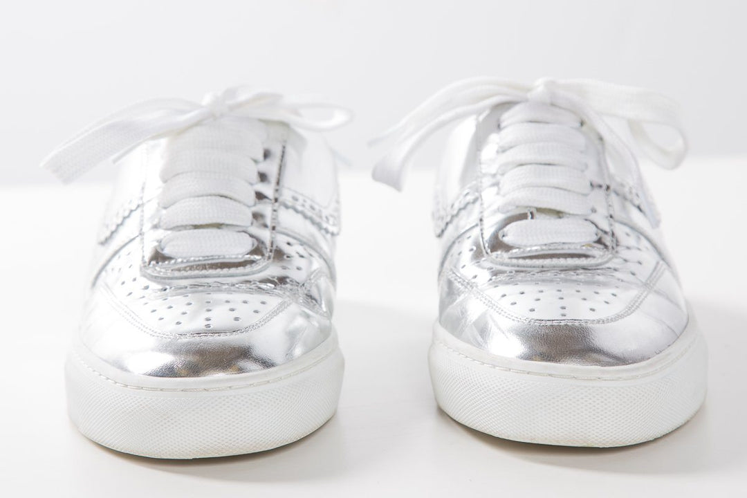 SWEAR Silver Metallic Leather Round-Toe Sneakers SZ 37