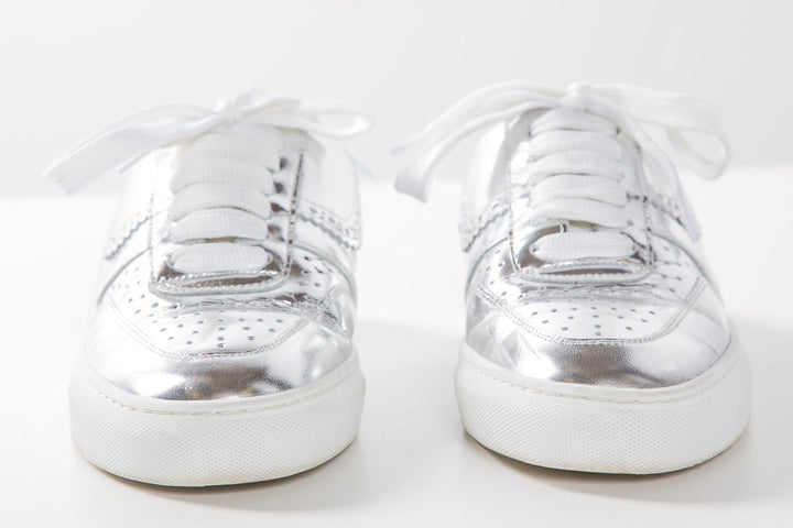 SWEAR Silver Metallic Leather Round-Toe Sneakers SZ 37