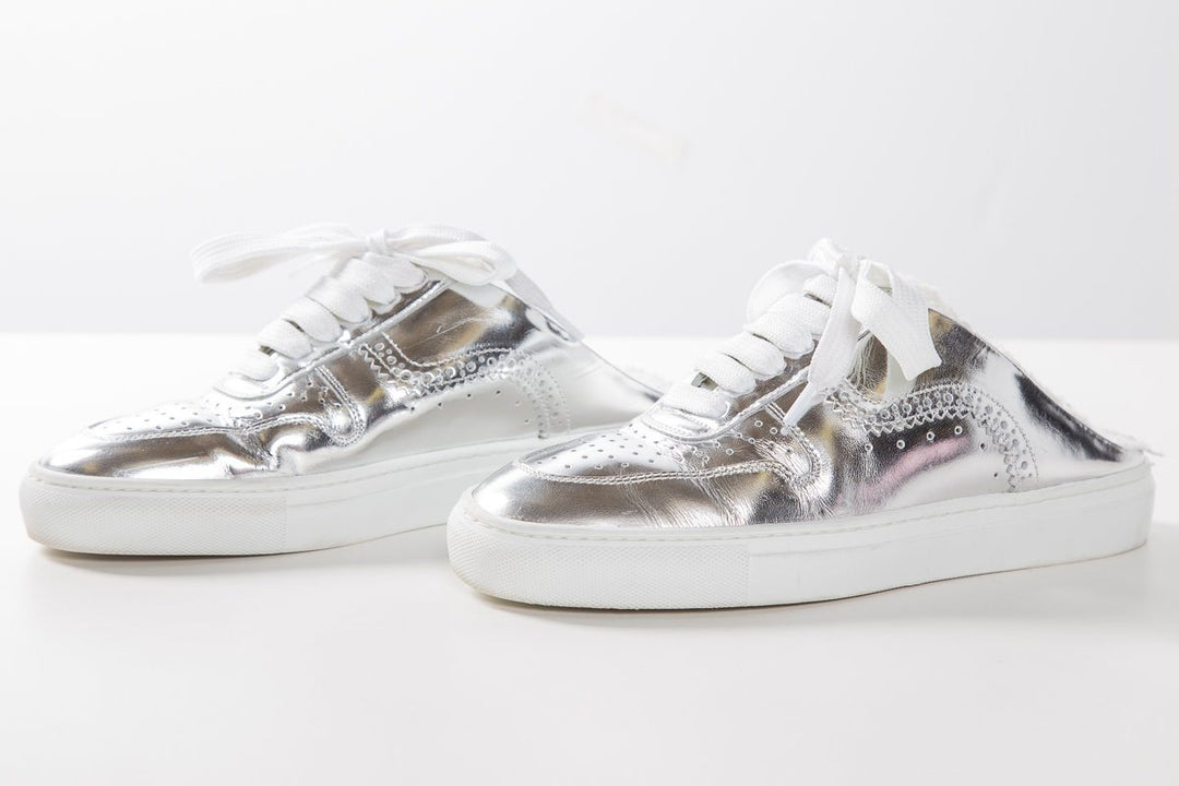 SWEAR Silver Metallic Leather Round-Toe Sneakers SZ 37