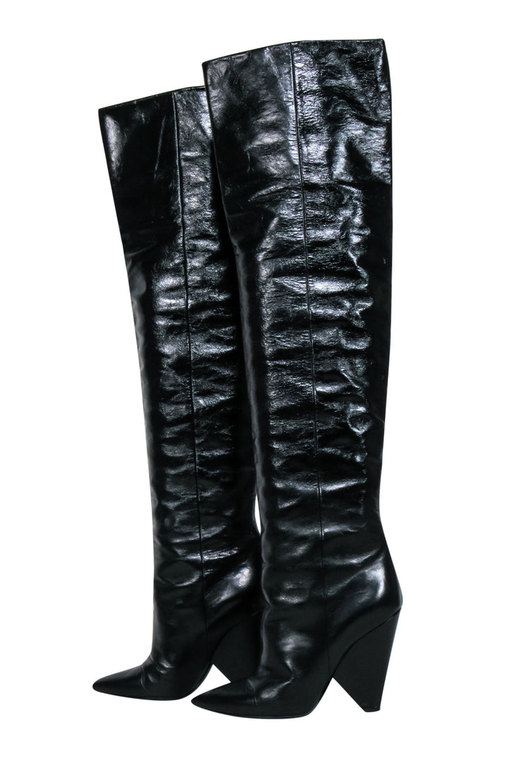 Saint Laurent - Black Crinkle Leather OTK Boots Sz 8