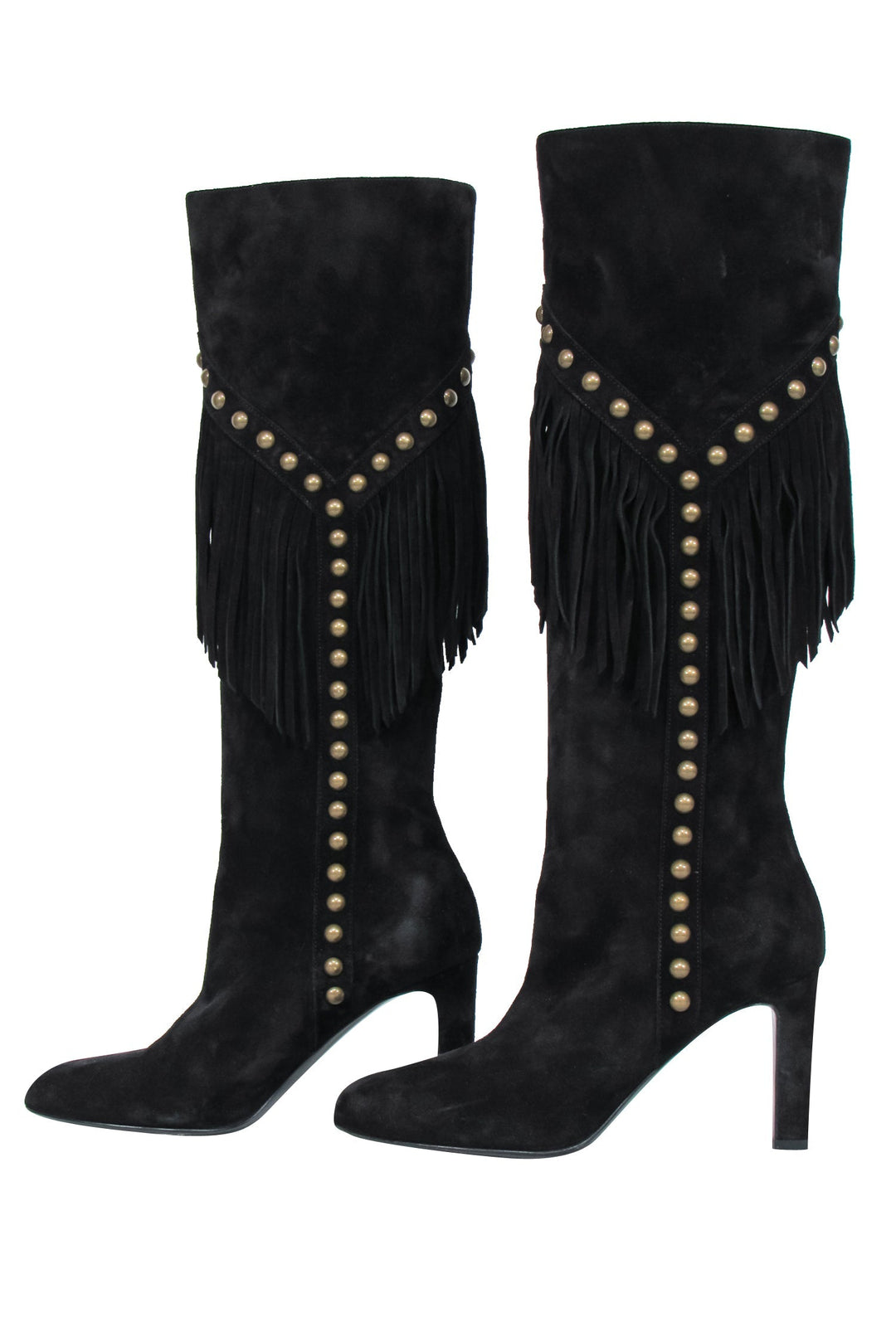 Saint Laurent - Black Suede Fringe Boots w/ Brass Studs Sz 6.5