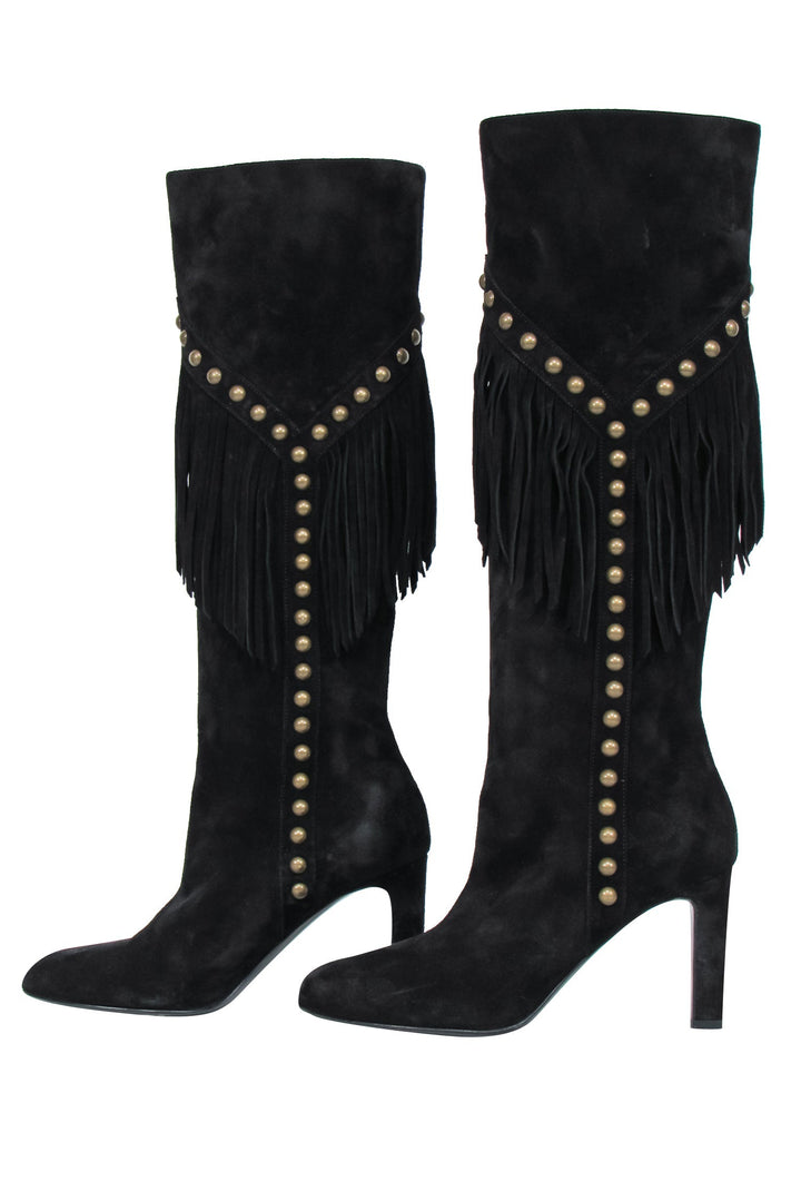 Saint Laurent - Black Suede Fringe Boots w/ Brass Studs Sz 6.5