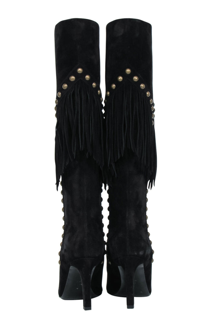 Saint Laurent - Black Suede Fringe Boots w/ Brass Studs Sz 6.5