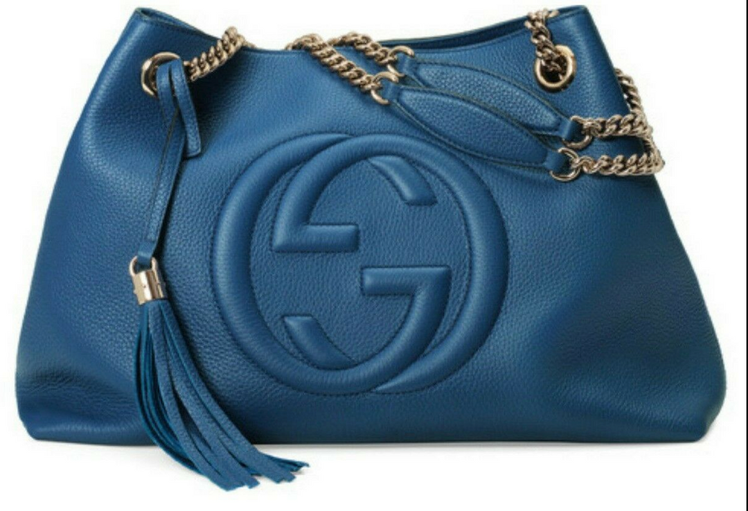Gucci Soho BLUE Caspian Gold Double Chain Hobo Leather Shoulder Bag Italy NEW