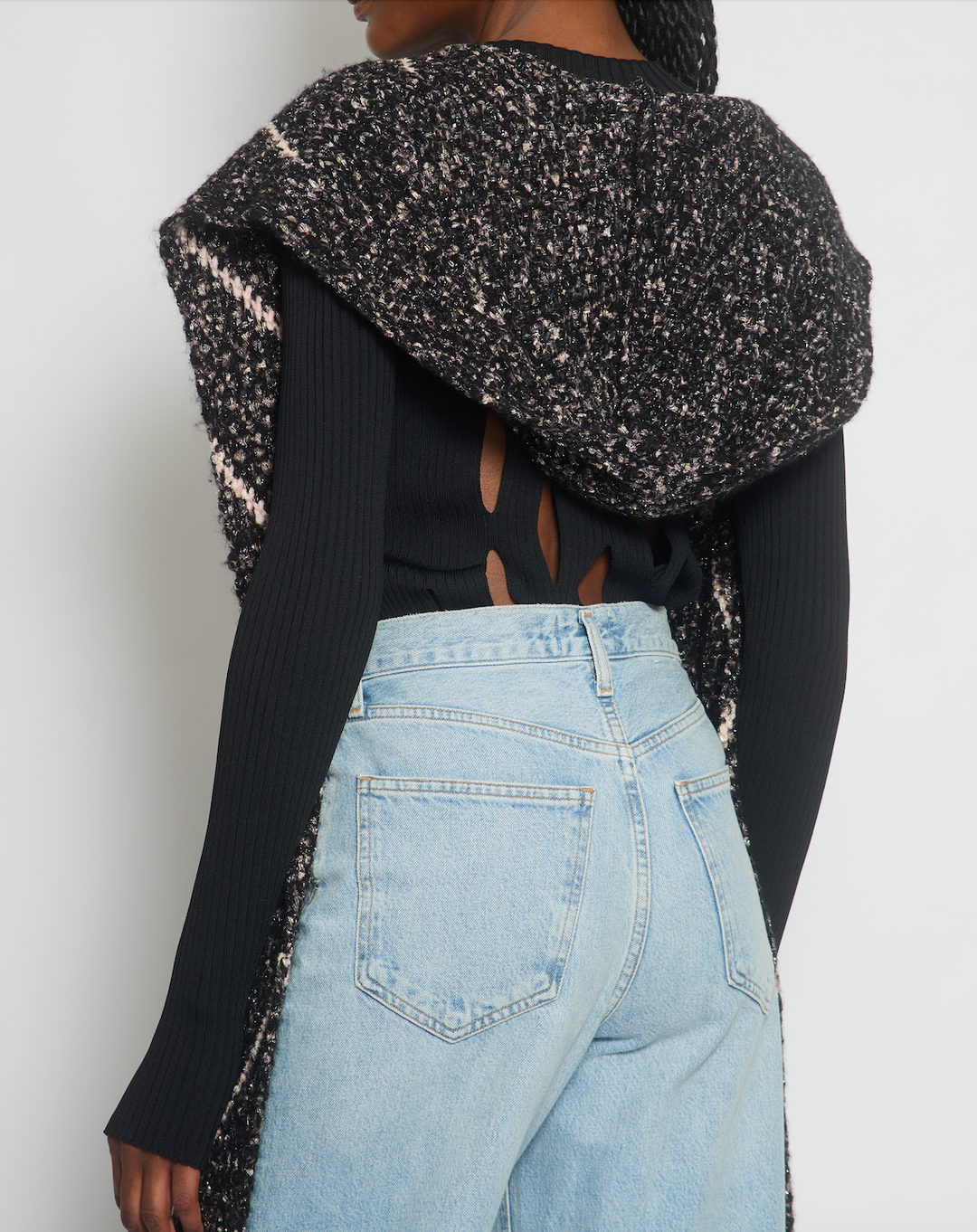 Top Quality Chanel Black and Pink Wool Knitted Scarf with Metallic Fibres and Hood