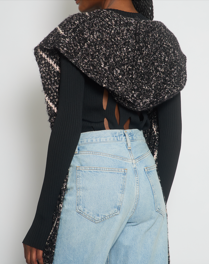 Top Quality Chanel Black and Pink Wool Knitted Scarf with Metallic Fibres and Hood