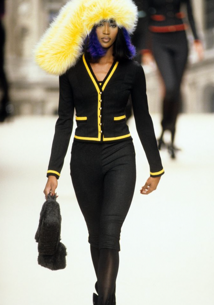 *HOT* Top Quality Chanel 1994 Vintage Black and Yellow Wool Jacket & Midi Skirt Set with CC Logo Button Details Size FR 40 (UK 12)