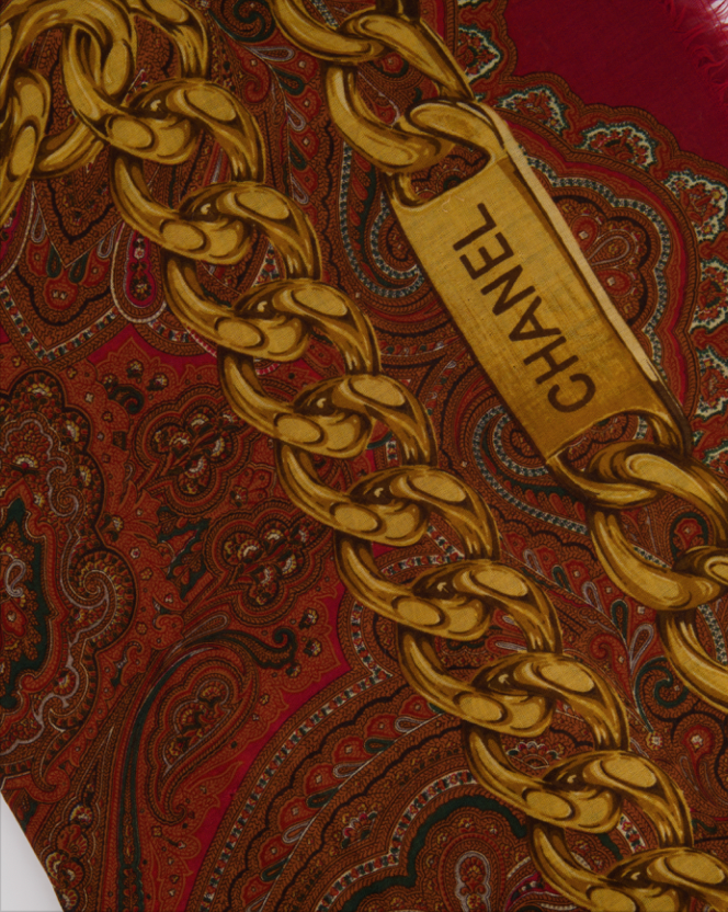 Top Quality Chanel Deep Red Scarf with Gold Chain Prints and Top Quality Chanel Details Size 130x130