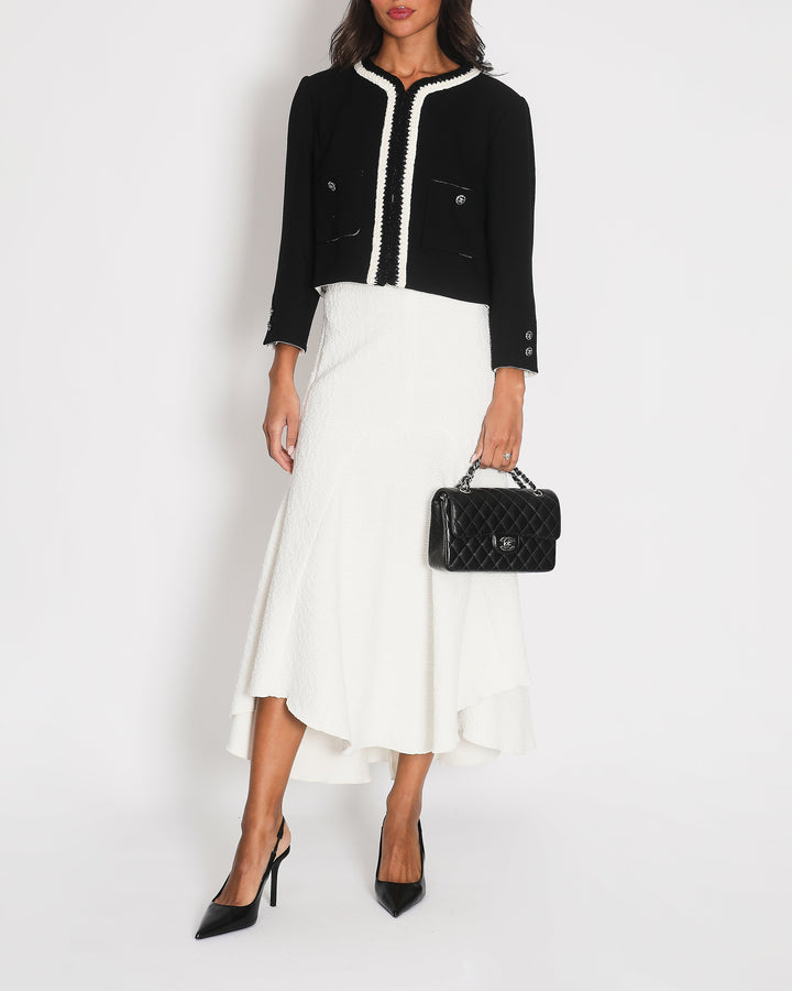 *SUPER HOT* Top Quality Chanel 22C Black, White Metallic Tweed Trim Silk Jacket and Wide-Leg Trouser Set with Crystal CC Logo Detail Size FR 42-44 (UK 14-16) Jacket RRP ¬£5,420
