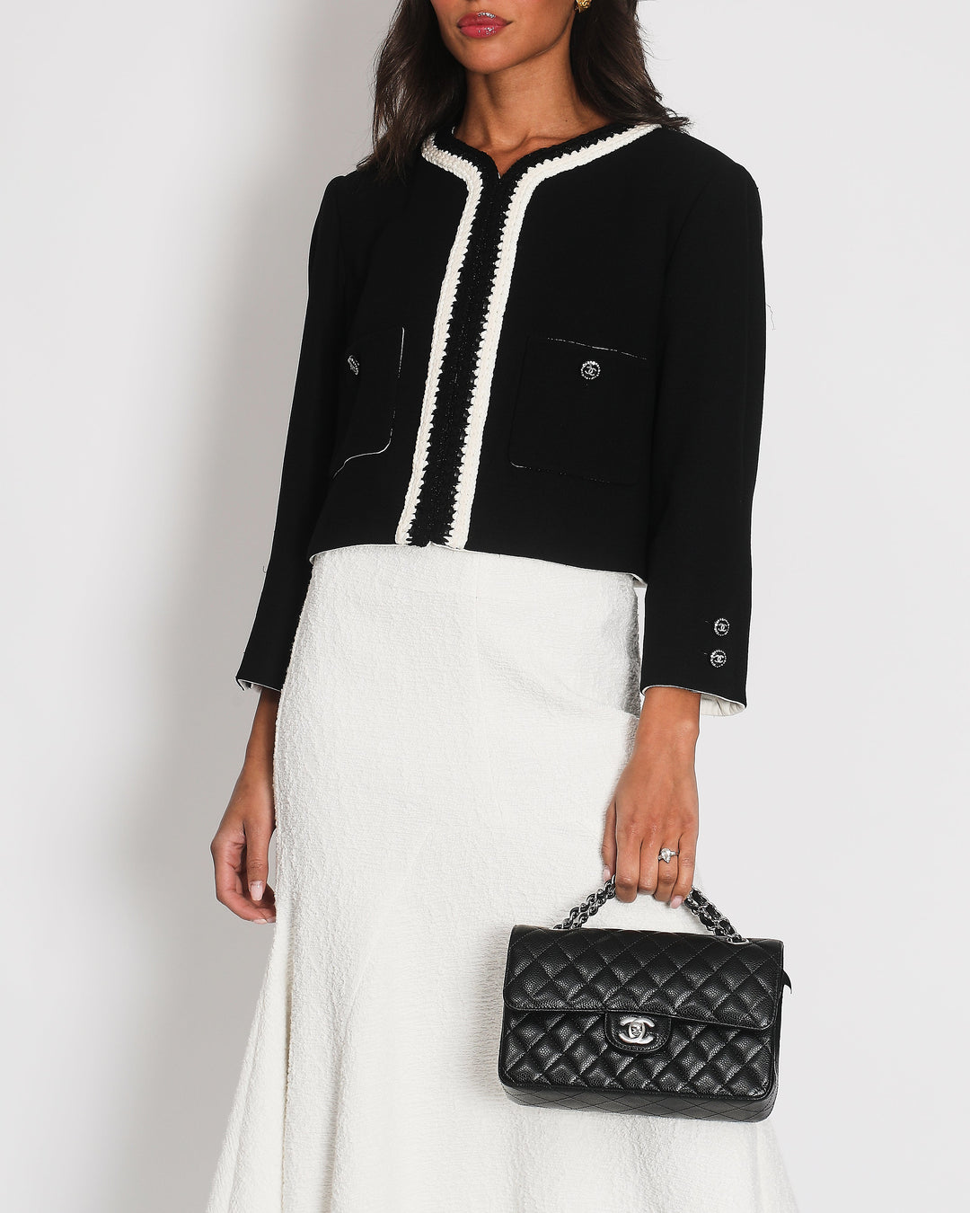*SUPER HOT* Top Quality Chanel 22C Black, White Metallic Tweed Trim Silk Jacket and Wide-Leg Trouser Set with Crystal CC Logo Detail Size FR 42-44 (UK 14-16) Jacket RRP ¬£5,420