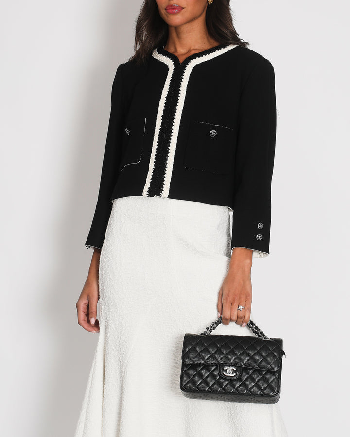 *SUPER HOT* Top Quality Chanel 22C Black, White Metallic Tweed Trim Silk Jacket and Wide-Leg Trouser Set with Crystal CC Logo Detail Size FR 42-44 (UK 14-16) Jacket RRP ¬£5,420