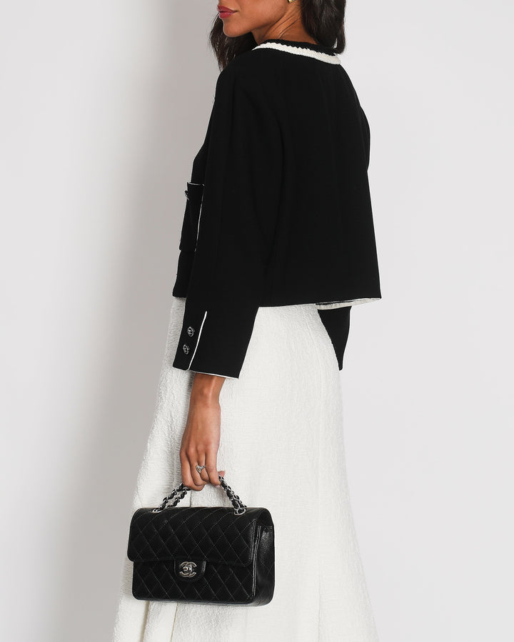 *SUPER HOT* Top Quality Chanel 22C Black, White Metallic Tweed Trim Silk Jacket and Wide-Leg Trouser Set with Crystal CC Logo Detail Size FR 42-44 (UK 14-16) Jacket RRP ¬£5,420