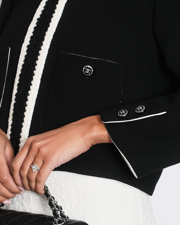 *SUPER HOT* Top Quality Chanel 22C Black, White Metallic Tweed Trim Silk Jacket and Wide-Leg Trouser Set with Crystal CC Logo Detail Size FR 42-44 (UK 14-16) Jacket RRP ¬£5,420