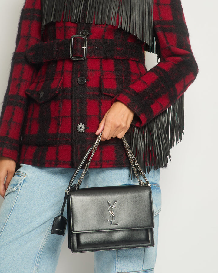 Saint Laurent Red & Black Lumberjack Jacket with Leather Fringe and Belt Details Size FR 38 (UK 10)
