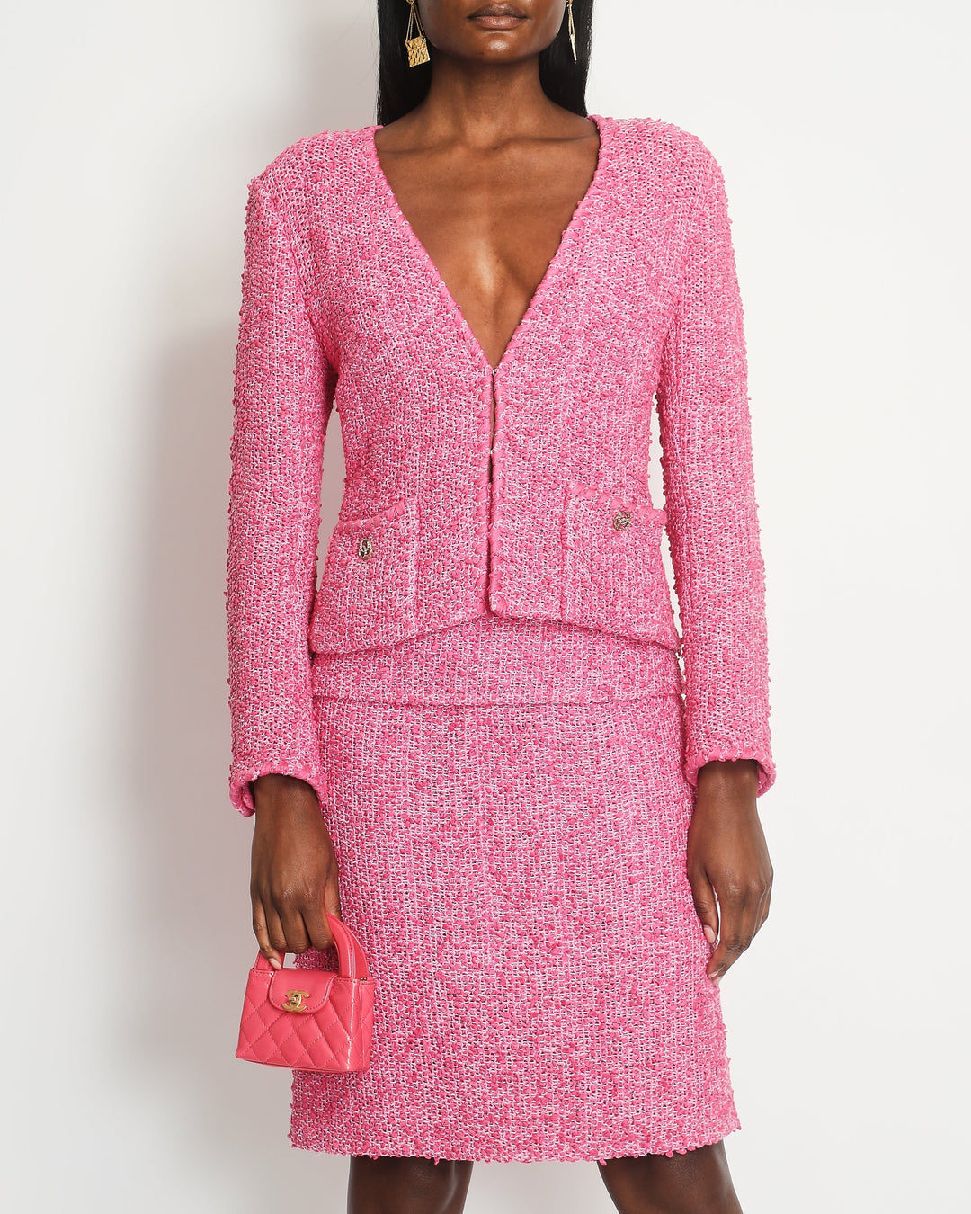 *HOT* Top Quality Chanel 21C Pink Tweed Jacket and Skirt Set with CC Logo Buttons Size FR 42 (UK 14)