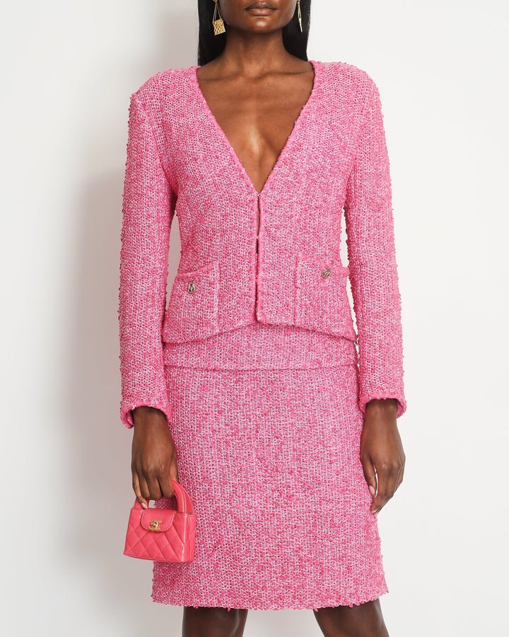 *HOT* Top Quality Chanel 21C Pink Tweed Jacket and Skirt Set with CC Logo Buttons Size FR 42 (UK 14)