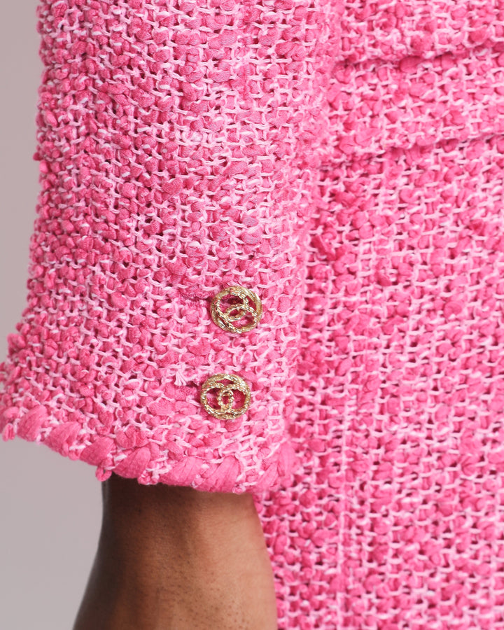 *HOT* Top Quality Chanel 21C Pink Tweed Jacket and Skirt Set with CC Logo Buttons Size FR 42 (UK 14)