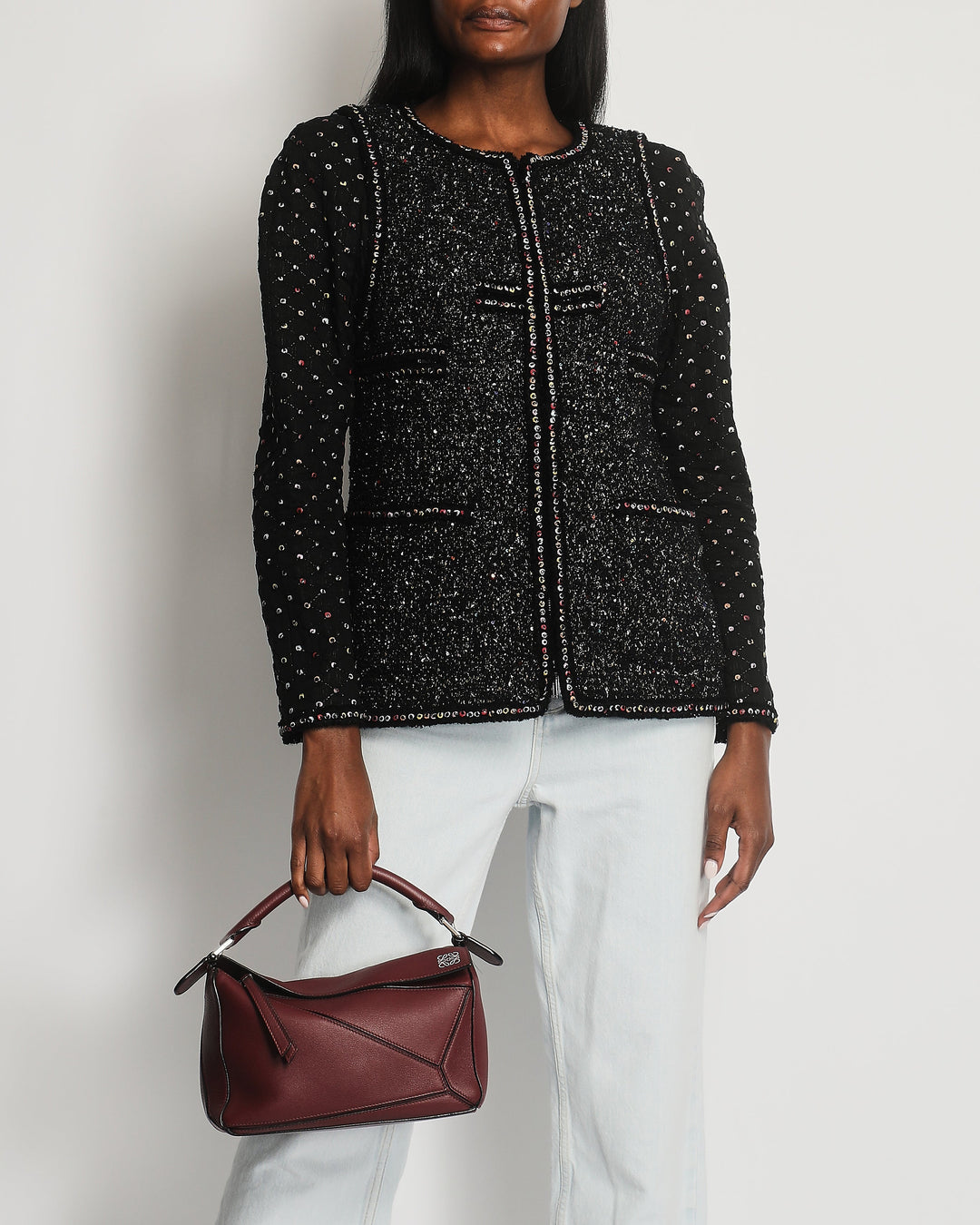 Top Quality Chanel  Fall 2017 Black Tweed Jacket with Multicoloured Sequin Details Size FR 42 (UK 14)