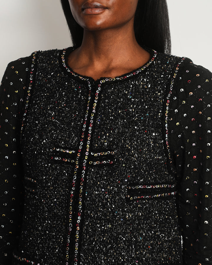 Top Quality Chanel  Fall 2017 Black Tweed Jacket with Multicoloured Sequin Details Size FR 42 (UK 14)