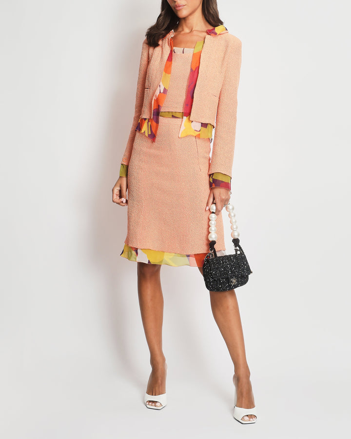 *FIRE PRICE* Top Quality Chanel Peach Three Piece Set with Multicoloured Silk Trim and Shoulder Pad Detailing FR 38 (UK 10)