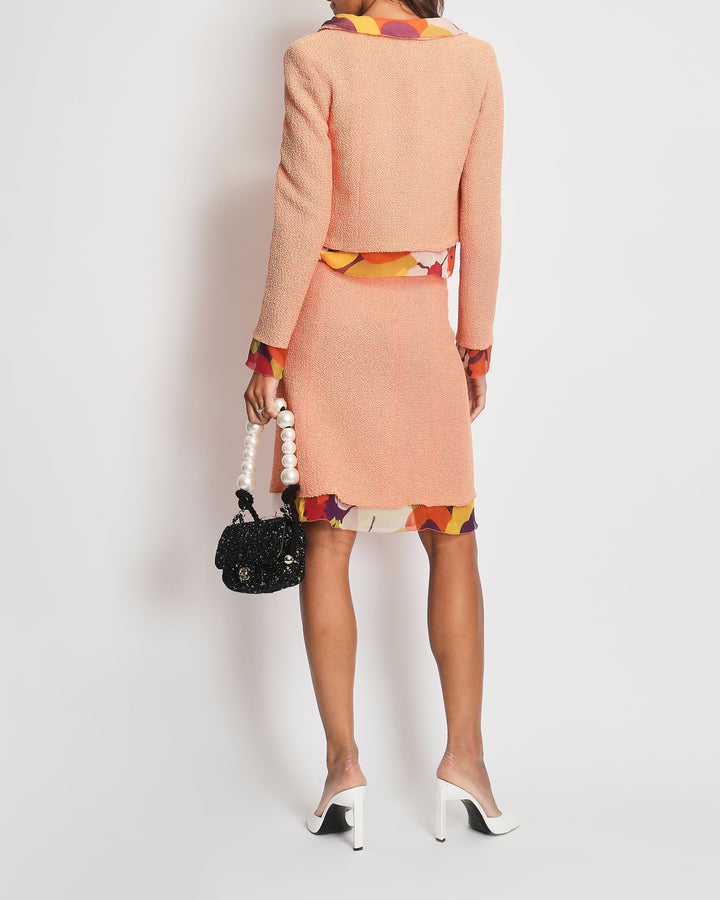 *FIRE PRICE* Top Quality Chanel Peach Three Piece Set with Multicoloured Silk Trim and Shoulder Pad Detailing FR 38 (UK 10)