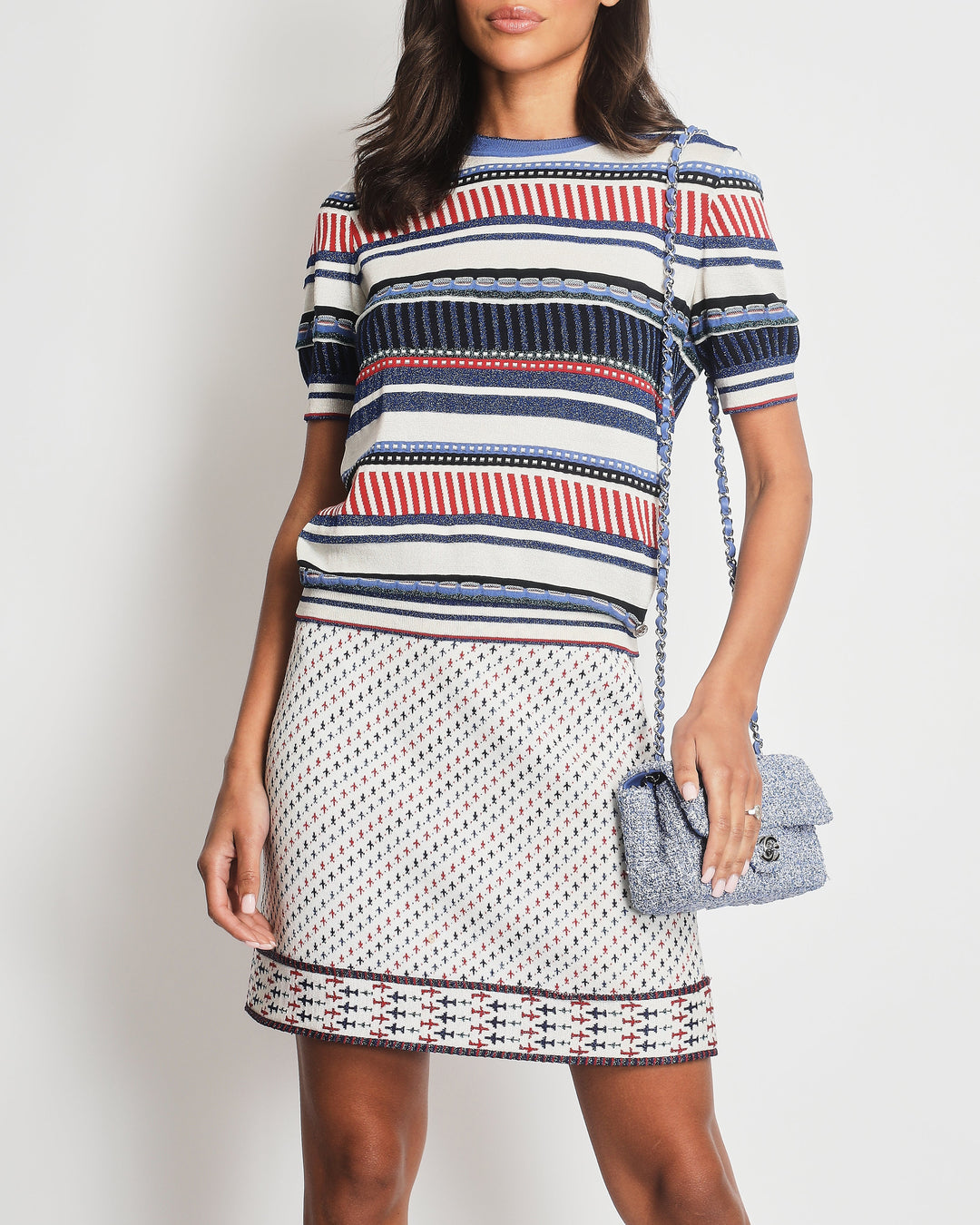 *FIRE PRICE* Top Quality Chanel Cream, Red and Blue Metallic Knit Mini Skirt and Top Set FR 36 (UK 8)