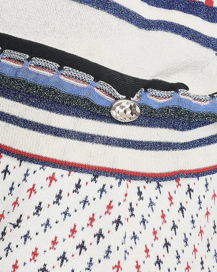 *FIRE PRICE* Top Quality Chanel Cream, Red and Blue Metallic Knit Mini Skirt and Top Set FR 36 (UK 8)