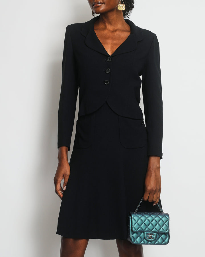 Top Quality Chanel Dark Navy 02C Jacket with Black Embellished Button and Skirt with Pocket Detail Set FR 36 (UK 8)