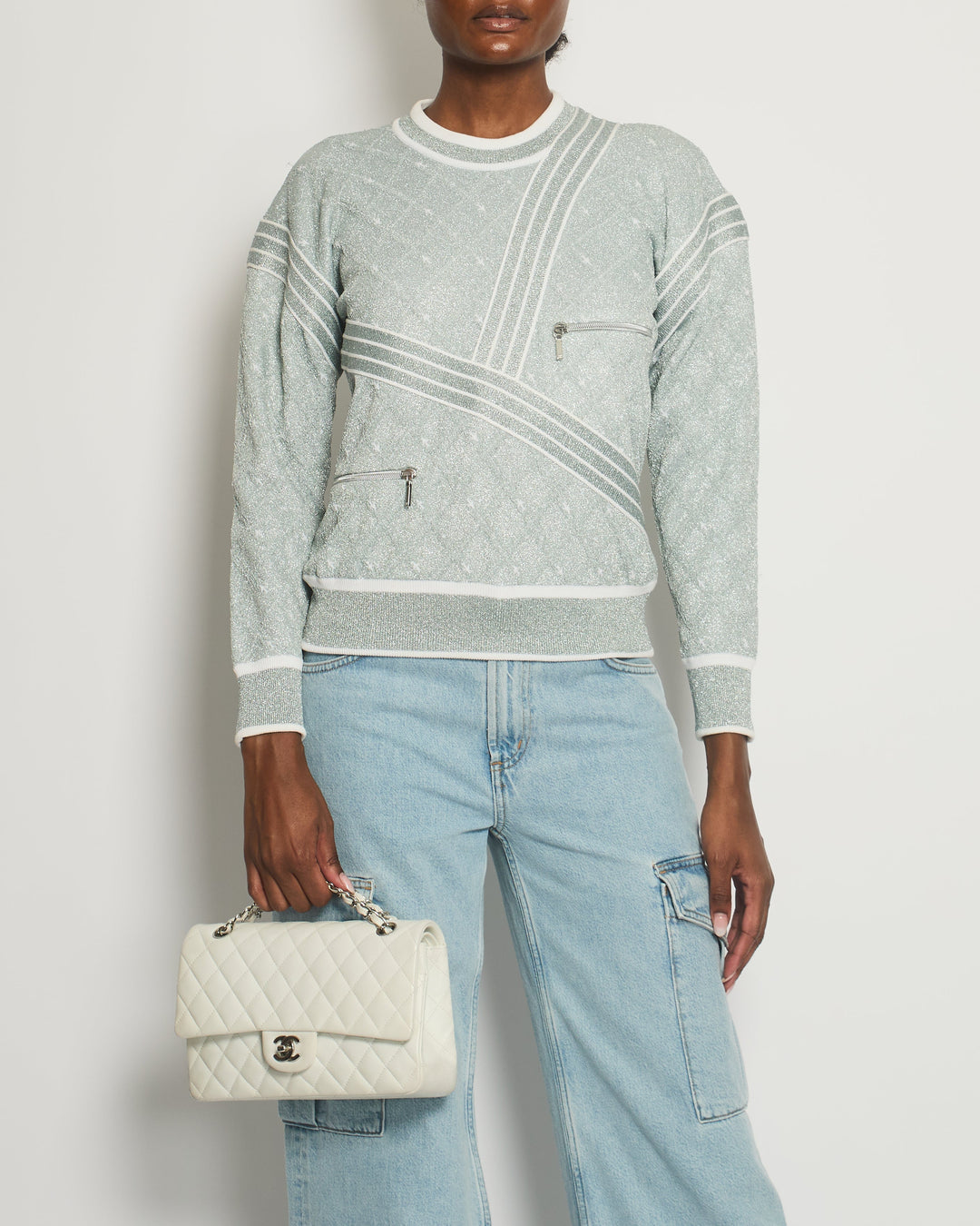 *HOT COLLECTION* Top Quality Chanel Spring / Summer 2016 Grey Metallic Airline Collection Jumper with Zip and Plane Details Size FR 36 (UK 8) RRP ¬£2,400
