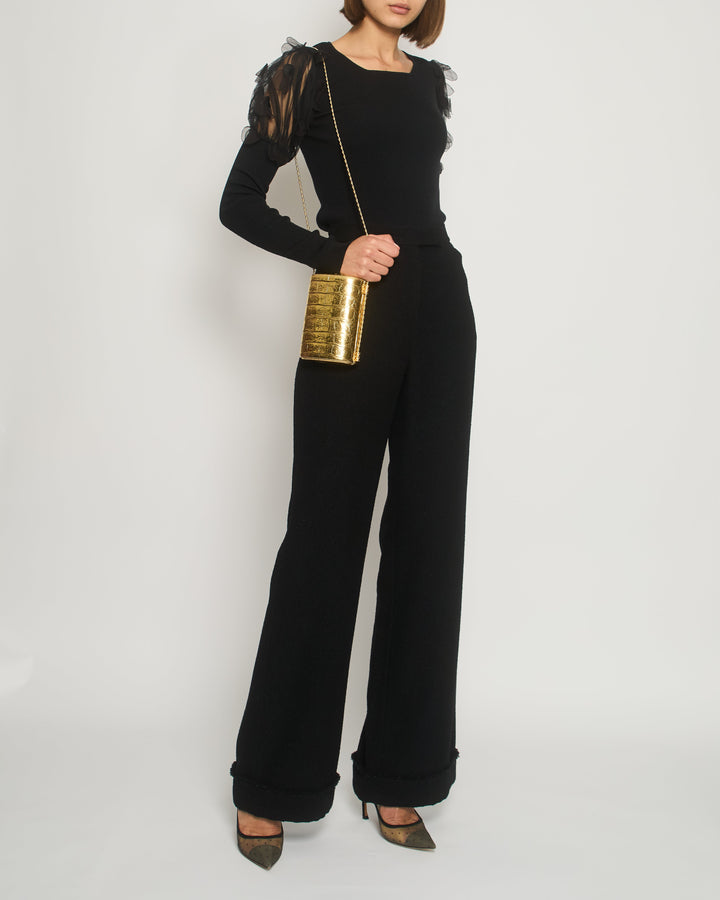 Top Quality Chanel Black Tweed High-Waist Trousers with Frayed Trim Detail FR 38 (UK 10)