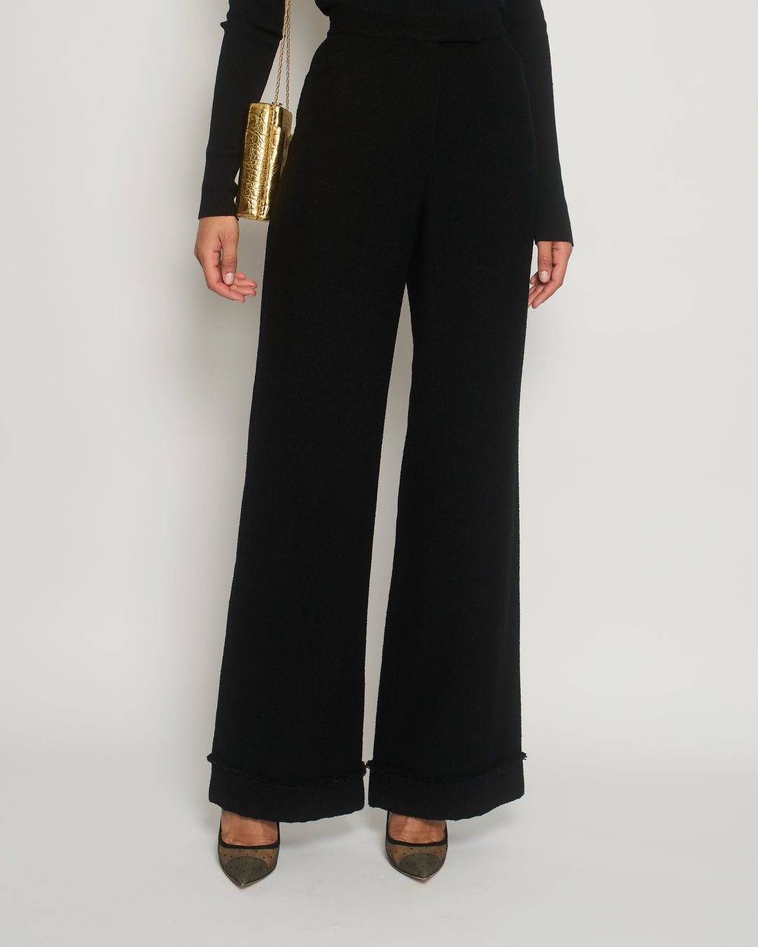 Top Quality Chanel Black Tweed High-Waist Trousers with Frayed Trim Detail FR 38 (UK 10)