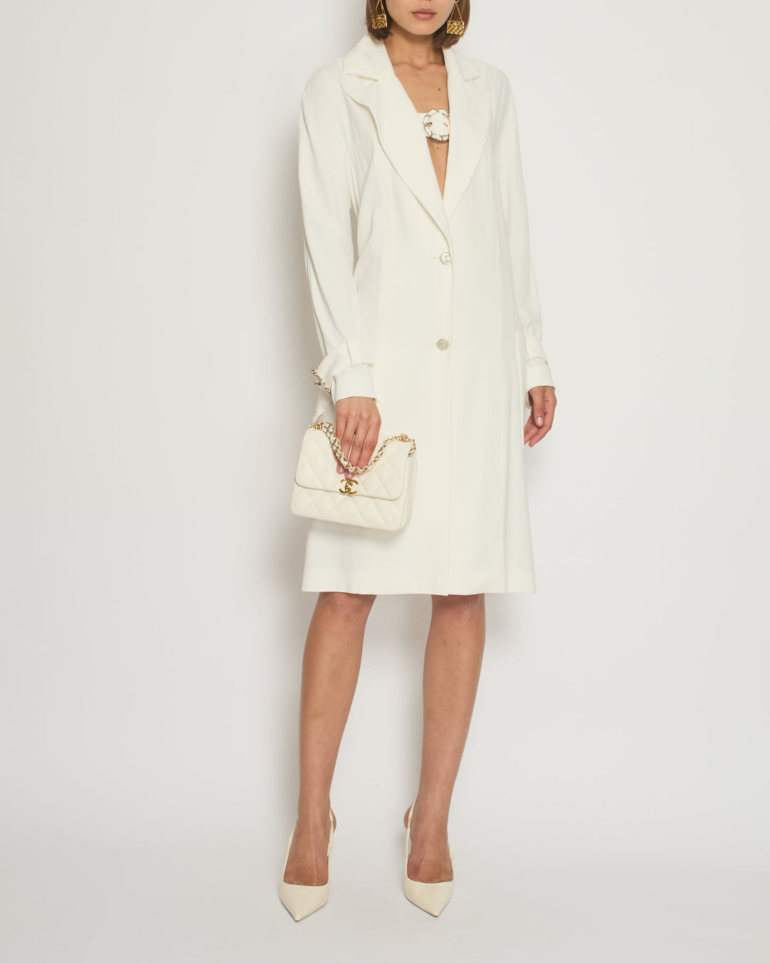 Top Quality Chanel Cream Long Sleeve Coat with Chain Buckle Fastening Detail FR 38 (UK 10)