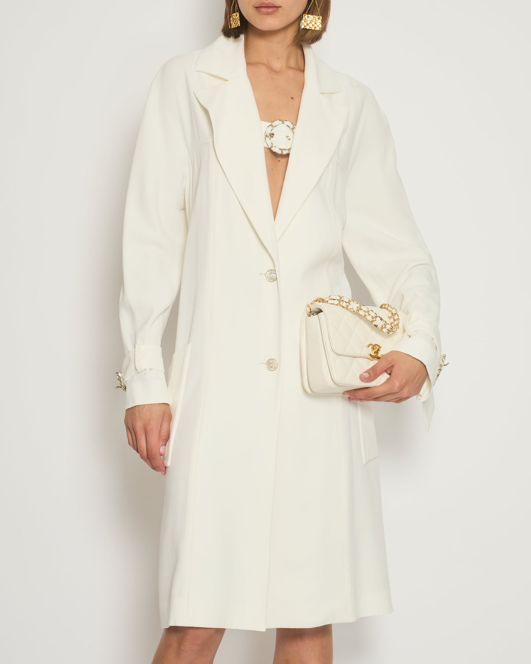 Top Quality Chanel Cream Long Sleeve Coat with Chain Buckle Fastening Detail FR 38 (UK 10)