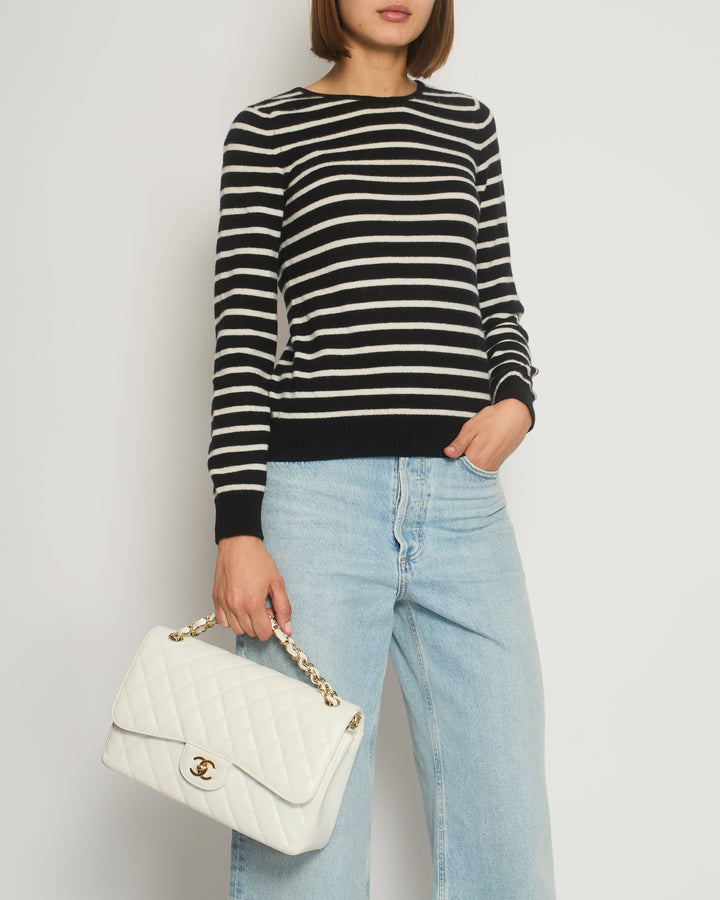 Top Quality Chanel Black and White Striped Cashmere Jumper with Silver Detail Size FR 38 (UK 10)