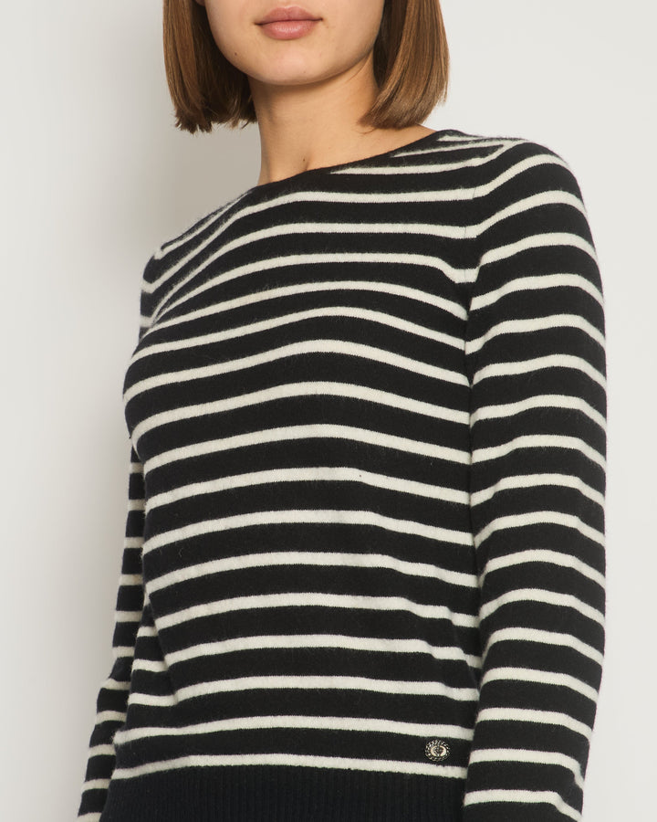 Top Quality Chanel Black and White Striped Cashmere Jumper with Silver Detail Size FR 38 (UK 10)