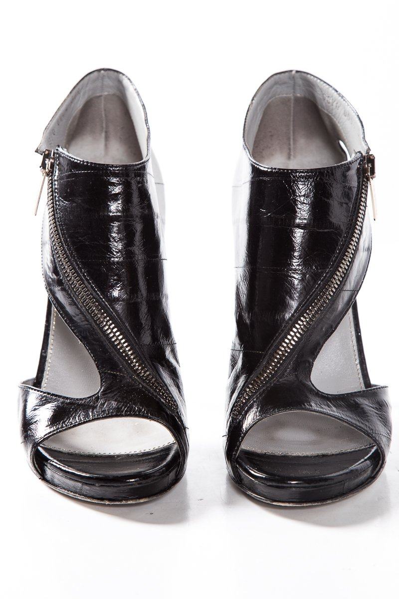 Sergio Rossi Black Eel Skin Zip Closure Sandals SZ 38.5