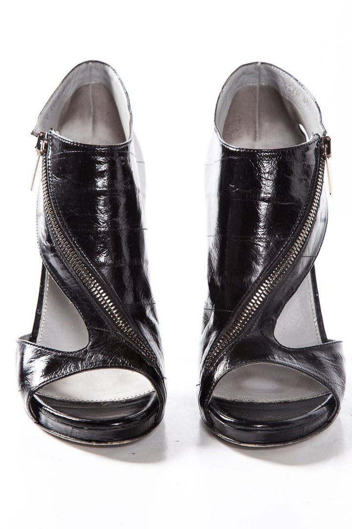 Sergio Rossi Black Eel Skin Zip Closure Sandals SZ 38.5