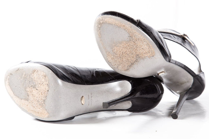 Sergio Rossi Black Eel Skin Zip Closure Sandals SZ 38.5