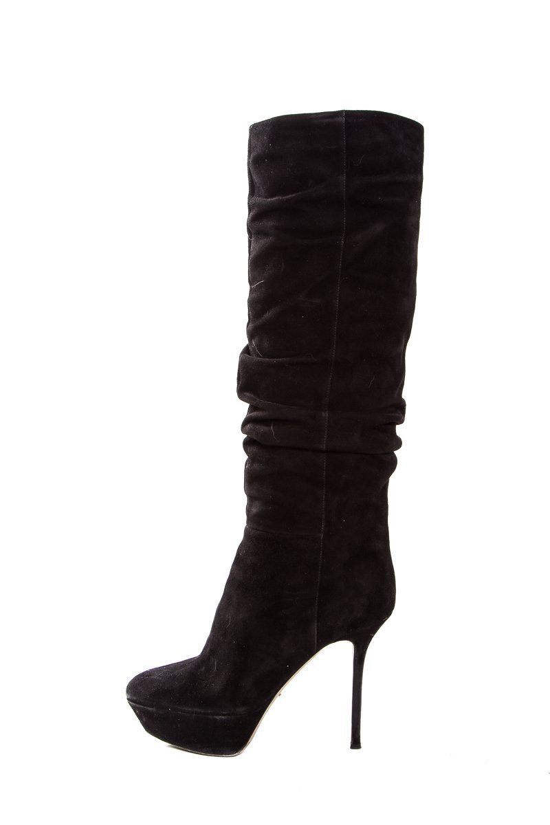 Sergio Rossi Black Suede Round-Toe Platform Knee-High Boots Sale